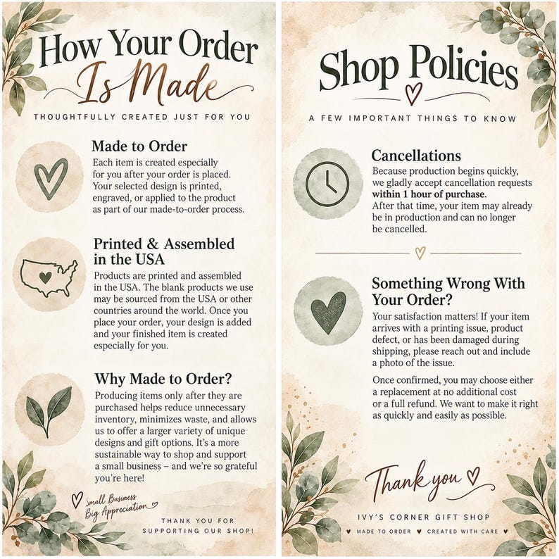 May include: An informational graphic with a beige watercolor background and green leaf accents. The text details shop policies and production processes, including sections titled How Your Order Is Made, Made to Order, Printed & Assembled in the USA, Why Made to Order, Shop Policies, Cancellations, and Something Wrong With Your Order.