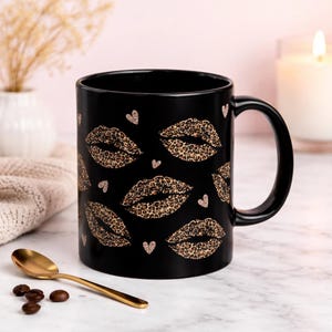 Leopard Print Lips & Hearts Black Coffee Mug, Romantic Gift
