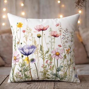 Watercolor Botanical Pillows Pretty Wildflowers White Throw Pillow Mother's Day Gifts 3 Sizes Spring Living Room Floral Decorative Pillow