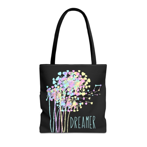 DREAMER Tote Bag Abstract Pastel Dandelions Black Tote Bags on 3 Sizes Cute Gift for Her Cool Dandelion Flower Shoulder Carrying Bags Travel