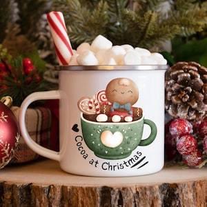 Cocoa at Christmas Enamel Mug Gingerbread Man Mug Gift Hot Chocolate Mug Stainless Steel Christmas Cocoa Bar Holiday Camping Mug Gift Xmas