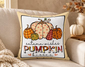 Fall Pumpkin Pillow, Autumn Wishes Throw Pillow, Colorful Pumpkin Decor, Farmhouse Fall Pillow, Thanksgiving Home Decor