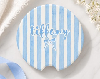 Personalized Car Coasters, Custom Name Cupholder Inserts, New Car Gift for Her, Watercolor Stripe Bow Design, Cute Coquette Car Decor