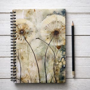 Watercolor Dandelion Spiral Notebook, Cottagecore Floral Journal
