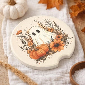 Boho Halloween Car Coaster, Cute Ghost and Pumpkin Soapstone Coasters, Car Decor