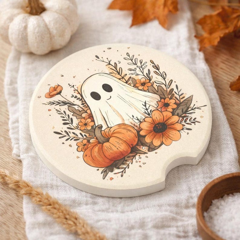 Boho Halloween Car Coaster, Cute Ghost and Pumpkin Soapstone Coasters, Car Decor