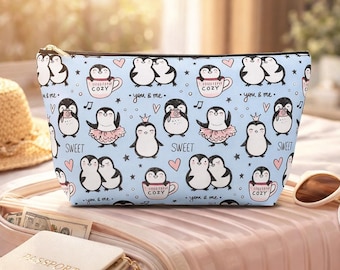 Penguin Pouch, Cute Lovebirds, Light Blue Cosmetic Travel Bag
