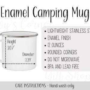 Tabla de tallas de tazas de camping esmaltadas, tabla de tallas de tazas esmaltadas, guía de tallas de tazas de camping para POD, tabla de tallas y atributos de tazas de camping esmaltadas Printify