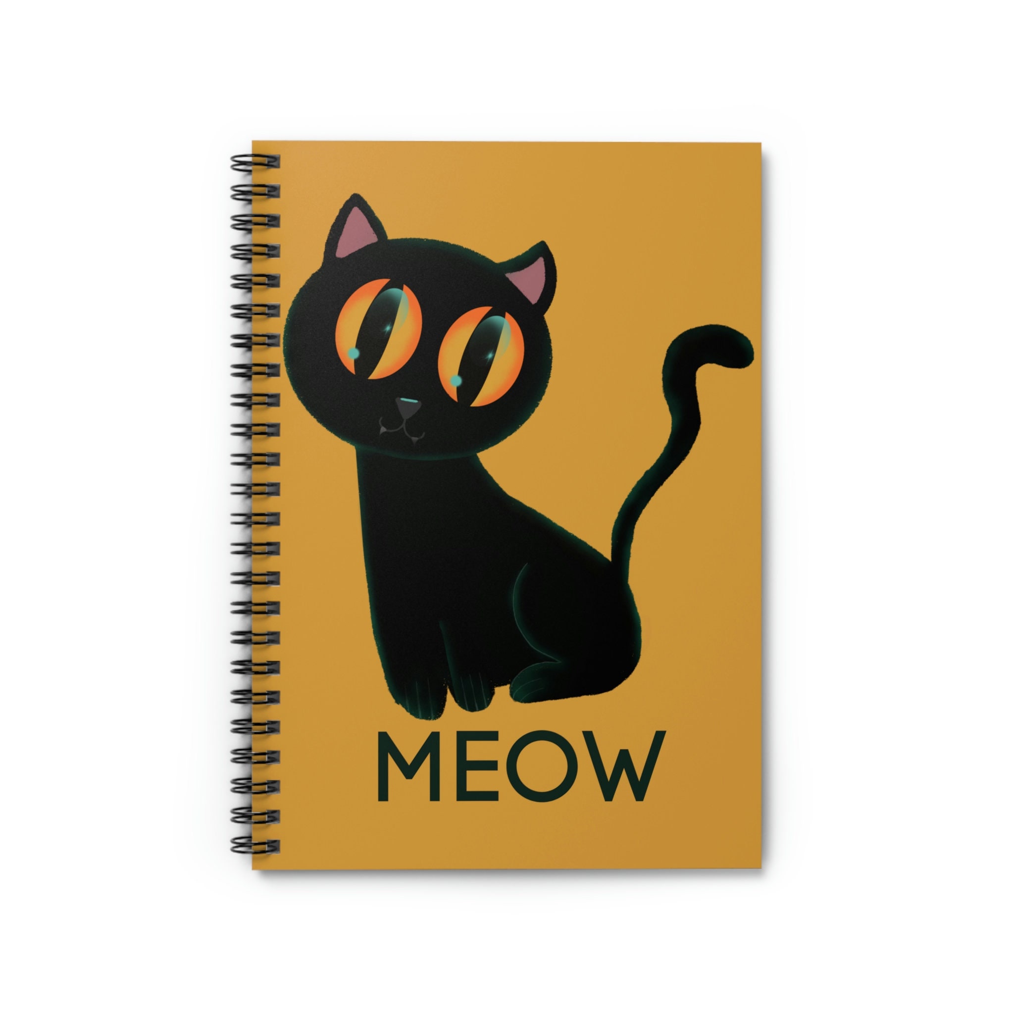 Black Cat Notebook Yellow Eyed Cat MEOW Gold Spiral Notebook Black