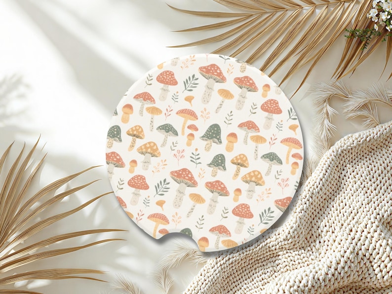 Wild Mushrooms Car Coaster Boho Mushroom Soapstone Car Coasters 1 or 2 Pieces Mushroom Lover Car Accessories Gift Car Coasters Gift for Her