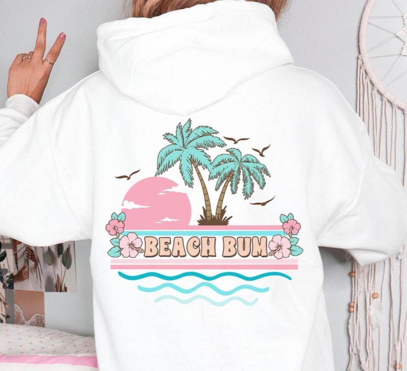 Beach Bum White Hoodie for Beach Lover Gift Beach Zip Up Sweatshirt Palm Tree Flowers White Hoodie for Women Vacation Jacket Beach Sweater