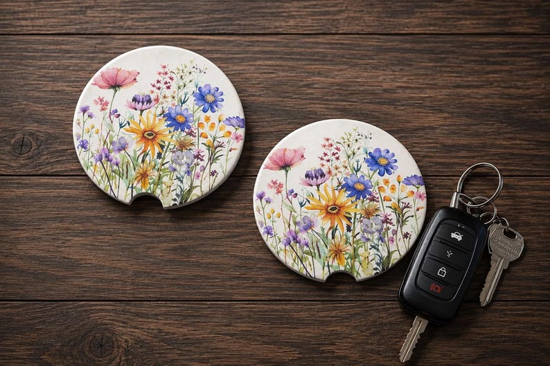 K&ouml;nnte beinhalten: Zwei runde, wei&szlig;e Keramik-Auto-Untersetzer mit einem farbenfrohen Aquarell-Druck von Wildblumen, darunter rosa, blaue und gelbe Bl&uuml;ten. Jeder Untersetzer hat eine kleine halbkreisf&ouml;rmige Einkerbung an der Unterkante. Ein schwarzer Autoschl&uuml;ssel liegt daneben.