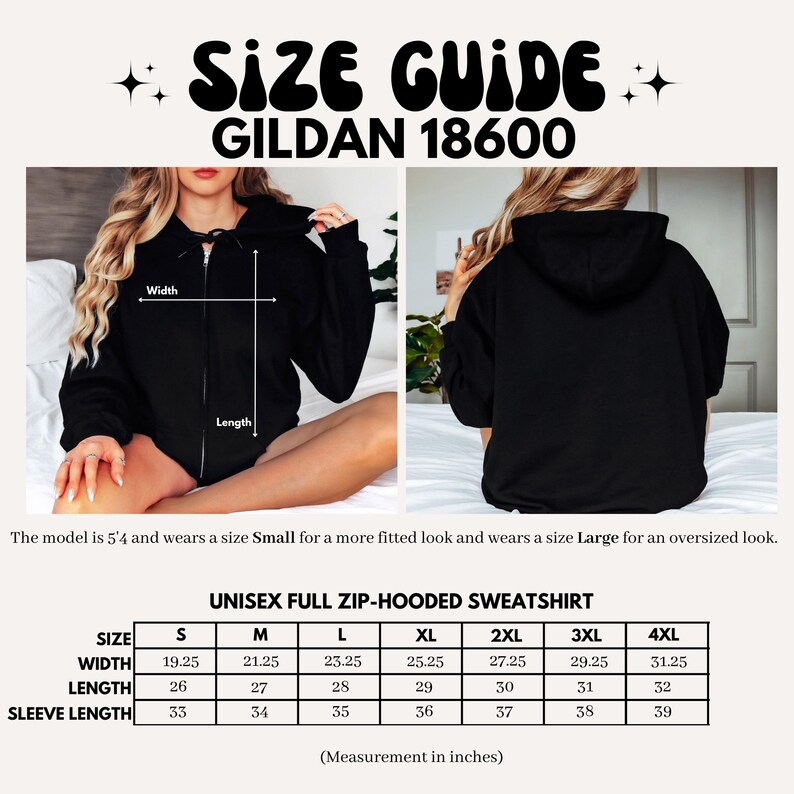 May include: Black unisex full zip-hooded sweatshirt size guide. The image shows the front and back of the sweatshirt. The size chart includes measurements in inches for width, length, and sleeve length, ranging from size S to 4XL.