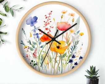 Botanical Wall Clock Beautiful Watercolor Widlflowers Wall Clocks Wooden Circular Floral Clock Wildflowers Clock Housewarming Gift Wall Art