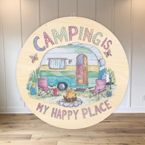 Retro Camper Wood Signs Camping is My Happy Place Door Hanger Gift for Camper Boho Wooden Sign Camping Gift for Her Camping Decor