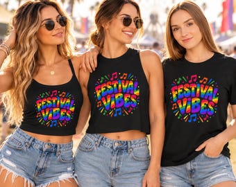 Festival Vibes Shirt, Music Festival Outfit, Concert Tee, Rainbow Graphic T-Shirt, Festival Crop Top, Women's Concert Tank Top