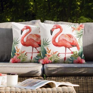 Flamingo Outdoor Pillows, Tropical Flamingo Outdoor Throw Pillow, Flamingo Lover Beach House Decor Gift, Porch Decor Flamingo Patio Pillow
