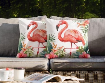 Flamingo Outdoor Pillows, Tropical Flamingo Outdoor Throw Pillow, Flamingo Lover Beach House Decor Gift, Porch Decor Flamingo Patio Pillow