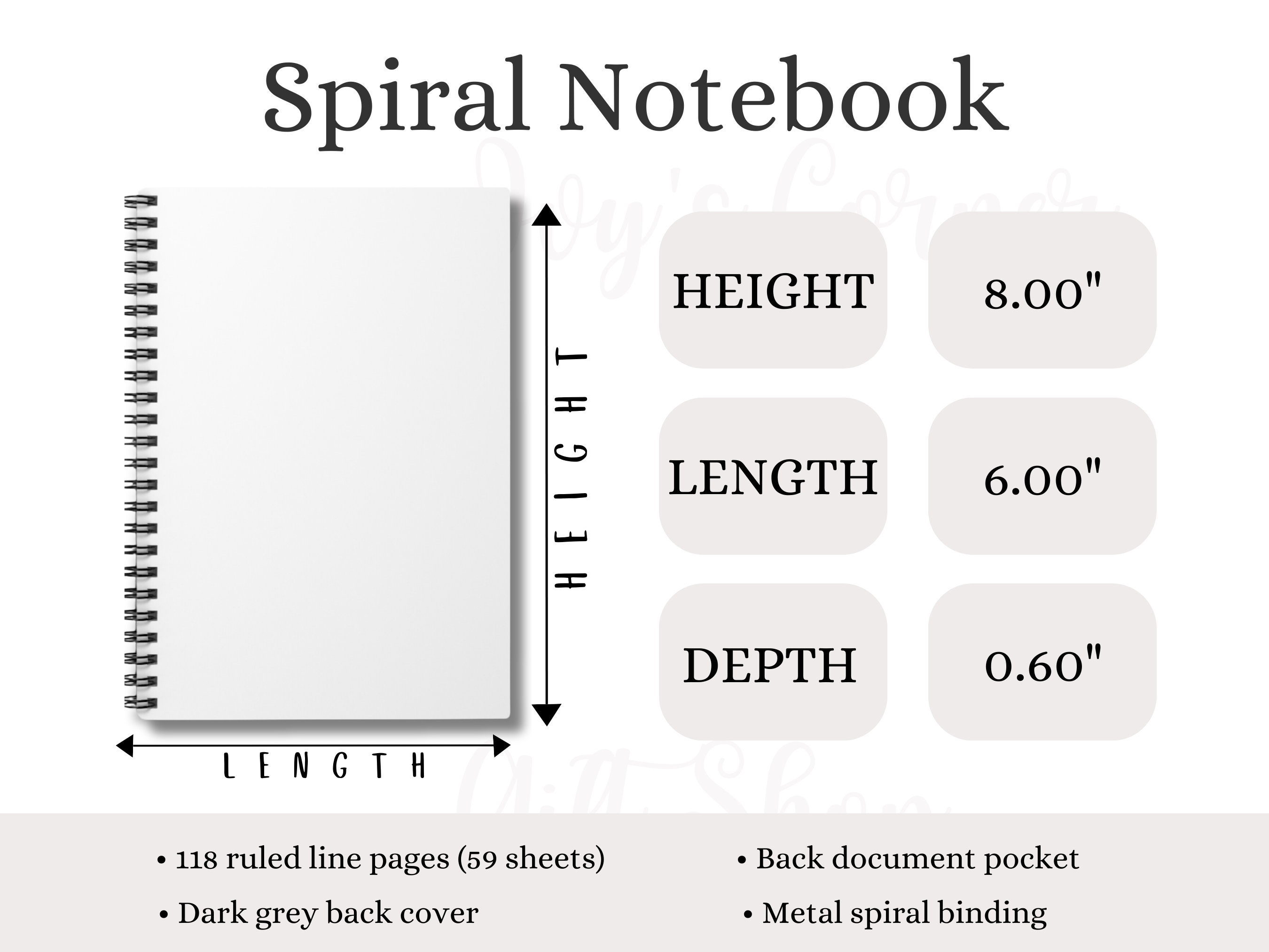 Spiral Notebook Size Chart Plain, Size Chart Template for POD Product