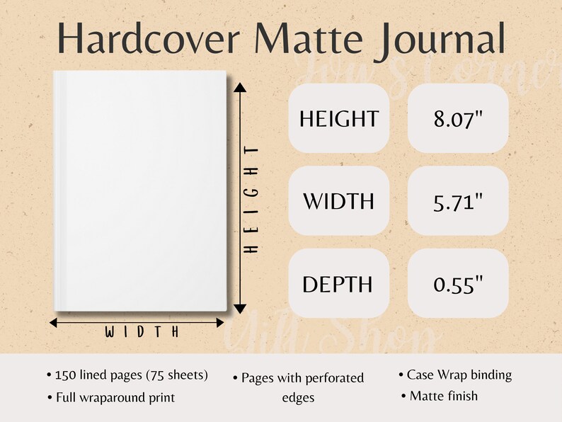 Hardcover Matte Journal Size Chart, Size Chart Template for POD Product ...