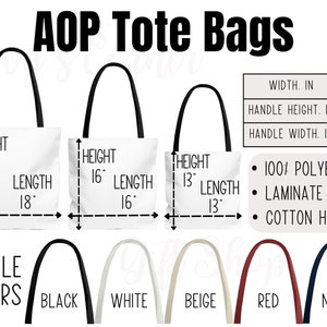 Plantilla de tabla de tallas de bolsas de mano para herramientas POD Etsy, guía de tallas y colores de bolsas de mano AOP, herramienta de tabla de tallas de bolsas de mano, guía de colores de asas de bolsas de mano