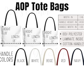 Tote Bag Size Chart Template for POD Etsy Tools, AOP Tote Bags Size Guide and Color Guide, Tote Bag Size Chart Tool Tote Handles Color Guide