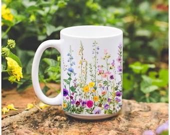 Tazas de café de cerámica con delicadas flores silvestres de 11 oz o 15 oz