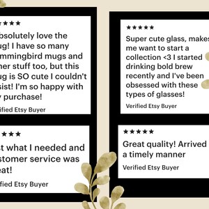 May include: Image showing four customer reviews on a beige background. The reviews are in white text inside black rectangles. The reviews are about a mug and glasses, with comments on quality and customer service.