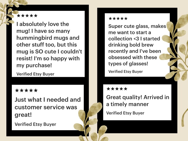 May include: Image showing four customer reviews on a beige background. The reviews are in white text inside black rectangles. The reviews are about a mug and glasses, with comments on quality and customer service.