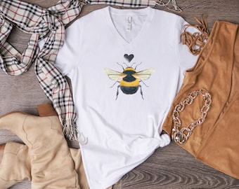 Bumble Bee T-Shirt Bee Lover Women&#39;s V-Neck Tshirt Gift for Watercolor Bee Shirt 3 Colors Sizes S-2XL Bee Lover Tee Gift Ladies Bee Clothing