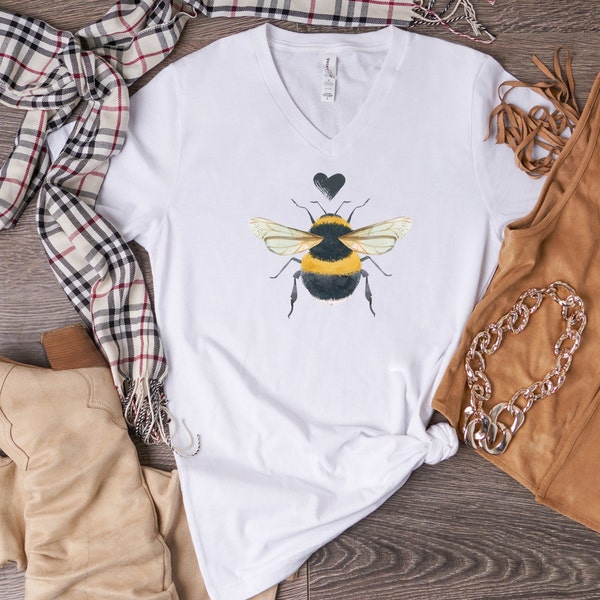 Bumble Bee T-Shirt Bee Lover Women's V-Neck Tshirt Gift for Her Watercolor Bee T Shirt 3 Color Options in Sizes S to 2XL Bee Lover Tee Gift