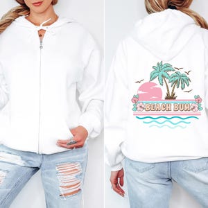 Beach Bum White Hoodie for Beach Lover Gift Beach Zip Up Sweatshirt Palm Tree Flowers White Hoodie for Women Vacation Jacket Beach Sweater image 2