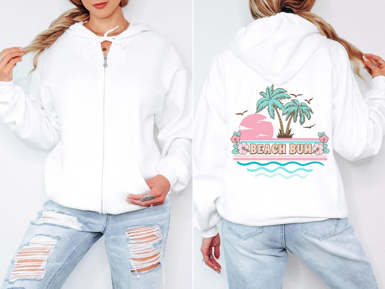 Beach Bum White Hoodie for Beach Lover Gift Beach Zip Up Sweatshirt Palm Tree Flowers White Hoodie for Women Vacation Jacket Beach Sweater image 2