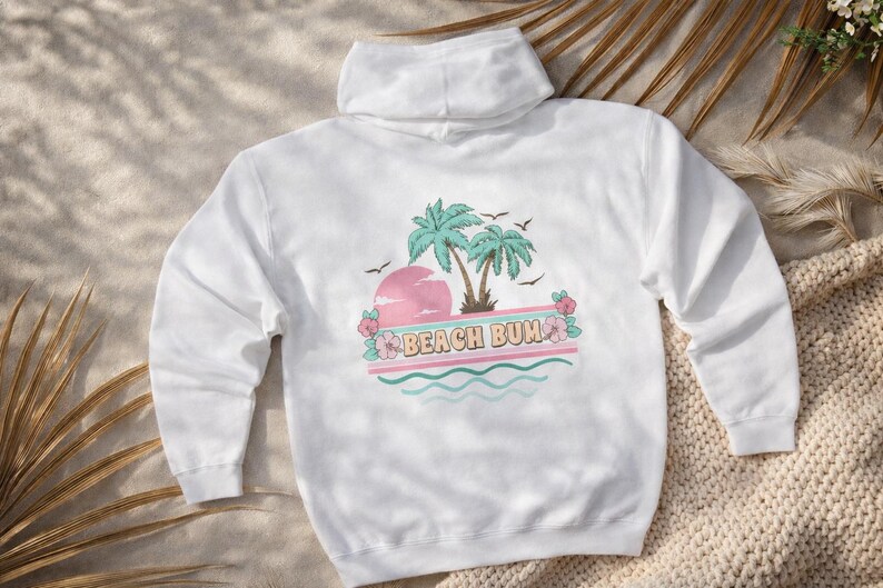Beach Bum White Hoodie for Beach Lover Gift Beach Zip Up Sweatshirt Palm Tree Flowers White Hoodie for Women Vacation Jacket Beach Sweater image 4