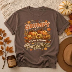 May include: A brown short-sleeve t-shirt featuring a graphic of pumpkins, a sunflower, and autumn leaves. The text reads IF GRUMPY PLEASE RETURN to the Pumpkin Patch. The design includes orange, yellow, and brown colours with small star accents.