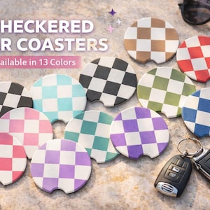 May include: A collection of checkered car coasters in various colors, including black, pink, blue, and green. The coasters are round with a small notch and the text "CHECKERED CAR COASTERS" is visible. Sunglasses and a car key are also present.
