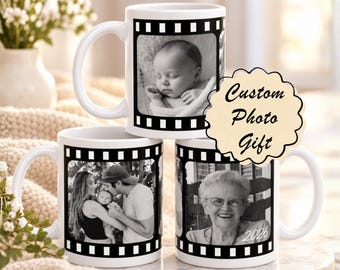 Personalized Filmstrip Photo Mug, Custom Picture Coffee Cup, Vintage Style Photo Collage, Christmas Keepsake Gift