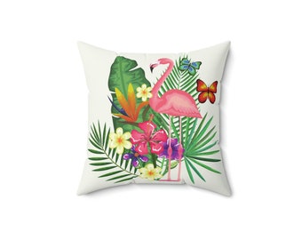 Flamingo Butterfly Pillow Flamingo with Butterflies & Flowers Off White Spun Polyester Square Pillow 14" x 14" or 16" x 16" Accent Pillow