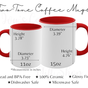 Tabla de tallas de tazas de café de dos tonos de 11 y 15 oz, plantilla de tabla de tallas para tazas con detalles fotográficos de POD Product District, tabla de tallas de tazas con detalles de Printify