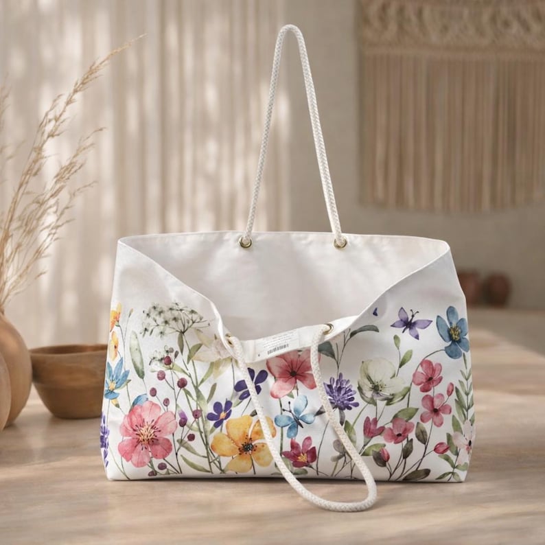 Sac fourre-tout de week-end fleurs sauvages aquarelle, sac de voyage fleuri image 2