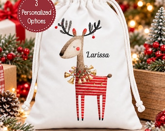 Personalized Christmas Gift Bag, Kids Gift Bag, Reindeer Stocking Alternative, Custom Name Candy Bag, Small Gift Sack, Holiday Treat Bag