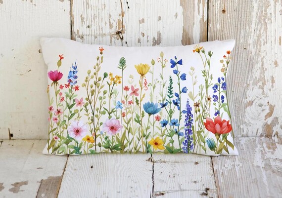Spring Meadow Throw Pillow, Wildflower Rectangle Decorative Pillow Spring Home Decor Gift for Mom Watercolor Floral Lumbar Pillows for Couch