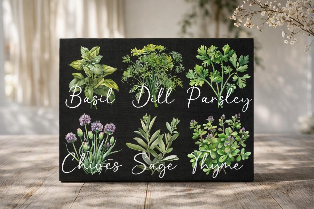 Watercolor Herbs Kitchen Wall Art, 6 Herbs Black Canvas Art, Culinary ...