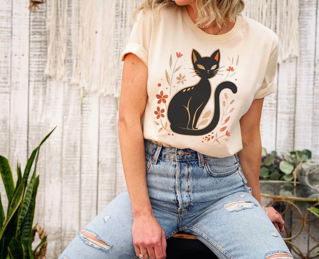 Black Cat Botanical T-shirt Black Cat Lover Tee Floral Cat Women's ...