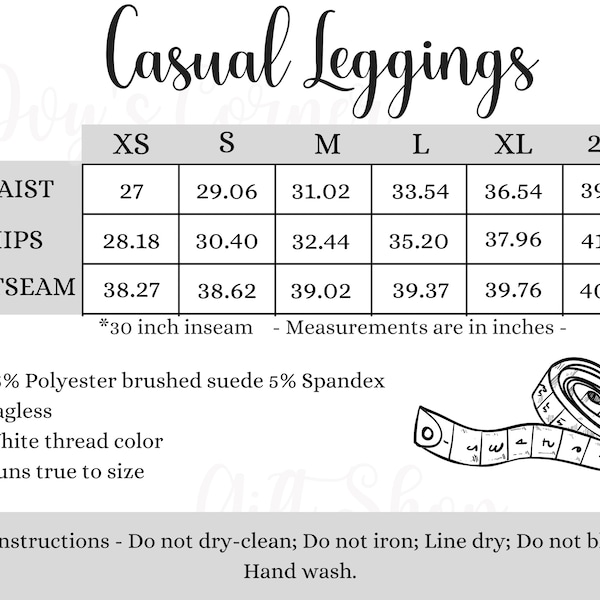 Casual Leggings Size Chart, Size Chart Template for POD Product MWW on Demand Leggings, Stretchy Yoga Leggings Size Chart Guide Fancy Font