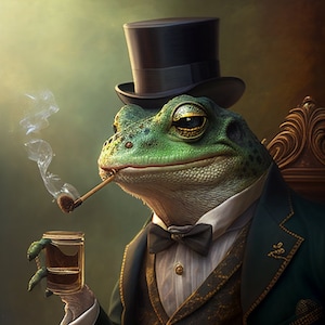 Puede incluir: Una rana verde con un sombrero de copa negro, una pajarita y un traje verde con detalles dorados. La rana sostiene un vaso de líquido y una pipa en la boca. La rana está sentada en una silla con un diseño dorado.