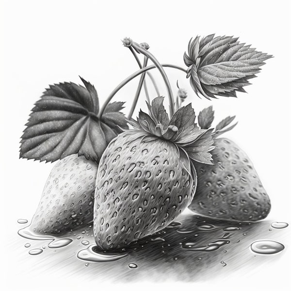 Hyper-realistic Pencil Sketch of Strawberries (Black and White)
