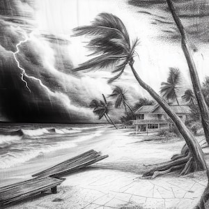 Hyper Realistic Pencil Sketch of a Beach After a Tropical Storm