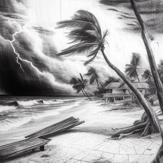 Hyper Realistic Pencil Sketch of a Beach After a Tropical Storm - Etsy