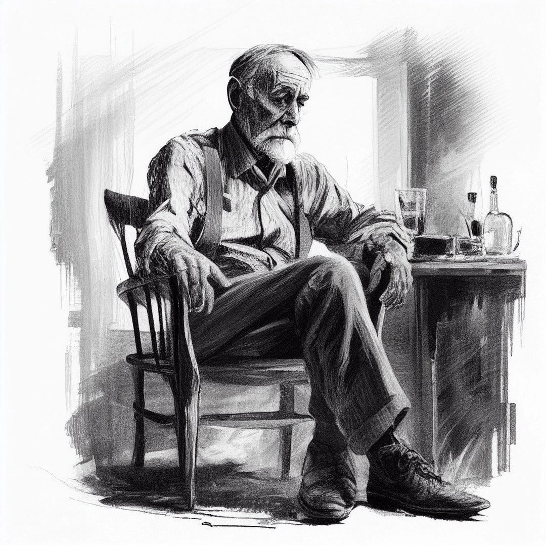 Pencil Sketch of an Old Man Relaxing With a Whiskey - Etsy